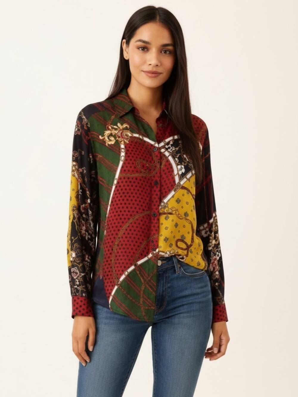 Zara multicolour scarf print patchwork button down shirt